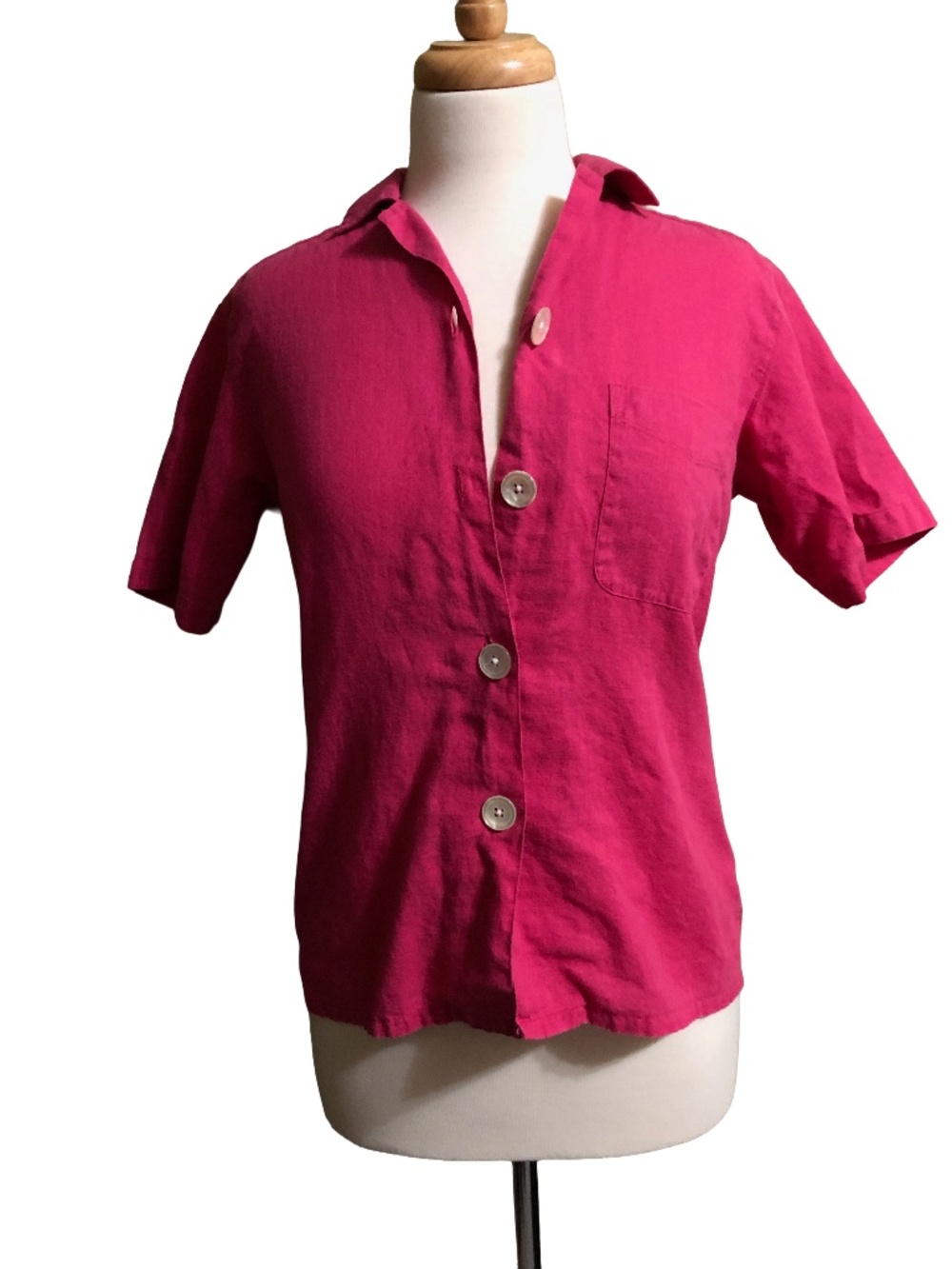 Lands' End Linen Cotton Blend Short Sleeve Button Front Shirt Magenta Pink (6)